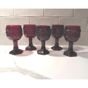 Vintage Avon 1876 Cape Cod Ruby Red Wine Goblets - Set of 5 - Cranberry Stemware
